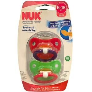 NUK LATEX 6-18 Months 2 Pack Orthodontic Pink & Green Pacifiers BPA Free Calming